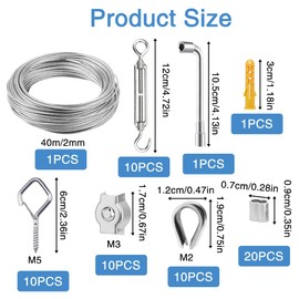 Golgner 40 m 2 mm Wire Rope Trellis Set, 304 Stainless Steel Wire Rope Tension Wire, Tension Wire, Rope Tension Set, with PVC Coated, Eye Screw, Turnbuckle, for Climbing Plants, Washing Lines,