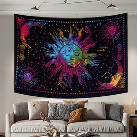 THE ART BOX Sun and Moon Constellation Astrology Small Tapestry Colorful - 75x100 cm Decorative Tie Dye Psychedelic Home Wall Hanging Trippy Mystic Tapestry For Aesthetic Bedroom