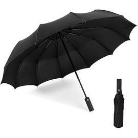 WT Windproof Umbrella - 12 Ribs Auto Open/Close Button, Large Travel Umbrella with Leather Case Pack of 1 (Black)