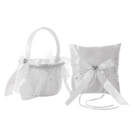 TRUE LOVE GIFT Flower Girl Basket and Ring Bearer Pillow Set, Silver Heart-Shaped Bow, Wedding Baskets for Flower Girl, Wedding Pillow for Ring Boy