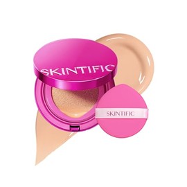 SKINTIFIC Base de Maquillaje Cushion de Alta Cobertura y Acabado Glow - Maquillaje Long-Lasting Hidratante con Péptidos y Ácido Hialurónico - Efecto Sin Poros y Protección Anti-Oxidación, 03 Pétalo