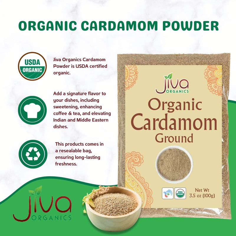 Organic Ground Cardamom Powder 3.5 Ounce Bag - Premium, Aromatic,