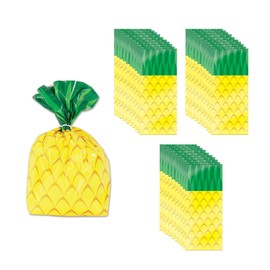 Beistle 75 Piece Tropical Treat Favor Bags, 4" x 9" x 2" - Summer Luau Party Pineapple Cello Candy Holders With Twist Ties