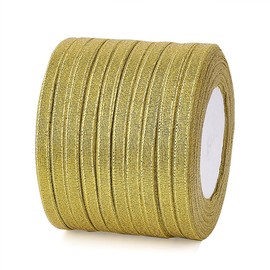 Fashewelry - Cinta de organza de doble cara con purpurina metálica brillante (6 mm), para lazos, regalos, manualidades, bodas, fiestas, cumpleaños, decoración de papel de regalo, 250 yardas (10 rollos de 25 yardas), Dorado, 1