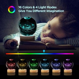 3D Solar System Crystal Ball Night Light with 16 Color Wooden LED Base Upgraded 3.15 In Galaxy Planets Ball Lamp with Remote for Birthday Christmas, Astronomy Space Gifts for Boys Girls Kids