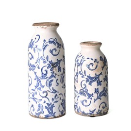 VICTOR & TERESA Blue and White Ceramic Vases Home Decor, Farmhouse Vases for Flowers, Flower Vase Set of 2, Rustic Decorative Vases for Pampas Grass, Table, Living Room, Shelf, Centerpieces, 8 inch
