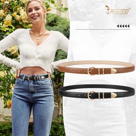 JASGOOD 2 Pack Women's Leather Belts with Gold Buckle Fashion Leather Waist Belt Elegant Ladies Belts for Jeans Dress（Black+Light Brown）