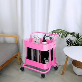 Melody House 2-Tier Metal Mesh Rolling Cart Storage Organizer with Utility Handle and Wheels, Multi-Functional Storage Trolley for Office Living Room Kitchen, Pink