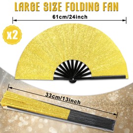 Qyeahkj 2 Pcs Glitter Gold Hand Fan for Men Women Large Folding Hand Fan Rave Clack Handheld Fan Chinese Tai Chi Kung Fu Fan Foldable Fabric Fans Decorative for EDM Club Party Dance Performance