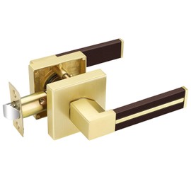 EHOMEWARE 1 Pack Gold Door Lever with Bronze Leather Handle, Brass Interior Door Handle Passage Door Lever for Hallway Closet, Heavy Duty Door Knob with Universal Handling