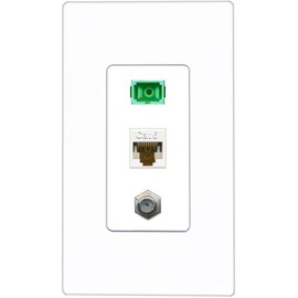 RiteAV 1 Port Fiber Optic Jack SC Simplex APC + Cat6 + Coax Wall Plate - 1 Gang Decorative [Screwless White]