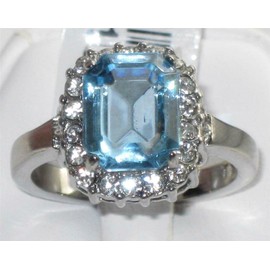 YourJewelleryBox AQUAMARINE EMERALD CUT SIMULATED DIAMOND RING STAINLESS STEEL TK9X041 T