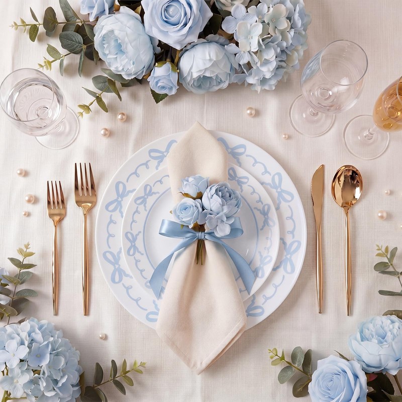 60 Pcs Blue Plastic Plates Set for Wedding Party Guests