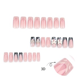 Medium Square Press on Nails French Tip Fake Nails with 3D Bow Water Ripple & Glitter Stars Design 24PCS Glossy Full Cover Acrylic Nails for Women