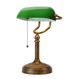 NISSAFORS Bankers Desk Lamp, Green Glass Shade, Vintage Desk Lamp with Pull Chain Switch, Retro Table Lamps for Home Office (Retro Gold+Green, Large)