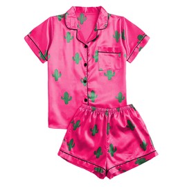 Remidoo Women's Short Sleeve Button Down Satin 2 Piece Pajama Set Sleepwear Pink Large