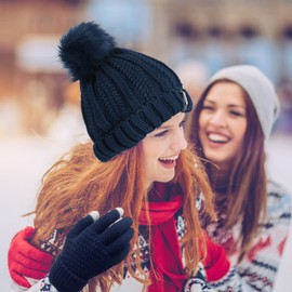 Voqeen Knitted Hat Scarf Gloves Set 5 Pcs Winter Set Ladies Cold Weather Sets Touch Screen Gloves Beanie Hat Scarf Thermal Socks Plush Ear Warming Outdoor Sports Set for Christmas Gifts (Navy)