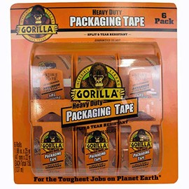 Gorilla 6034015 Heavy Duty Packing Tape with Dispenser for Moving - 1.88" x 25 yd, Clear, (Pack of 6)