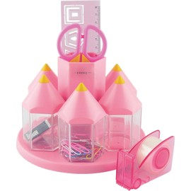 EXERZ Rotary Desk Organiser Pen Tidy Set with 5 Accessory Boxes -with Safety Scissors (NOT Sharp), Ruler, Tape Dispenser, Eraser, Clips (Pink)