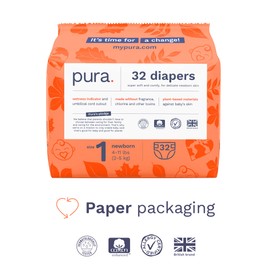 Pura Pura Hypoallergenic Diapers, Size 1 (4-11 lbs), Newborn, Totally Chlorine Free, Wetness Indicator, Suitable for Sensitive Skin, Soft Organic Cotton Comfort, Overnight, 1 Pack of 32 Baby Diapers