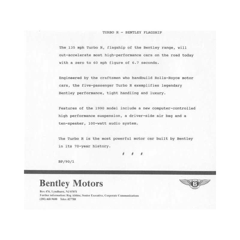 1990 Bentley Turbo R Press Photo and Release 0005
