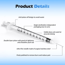 CAILOS 1ml 30 Gauge Syringes 1cc 5/16 Inch 8mm Lab Disposable Supplies for Refilling or Dispensing , Pack of 100
