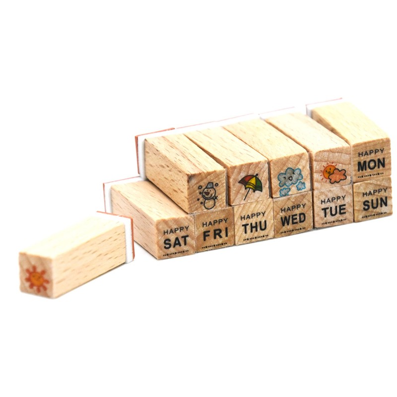 Youkwer 12 Pcs Mini Cute Wooden Rubber Stamps DIY Diary
