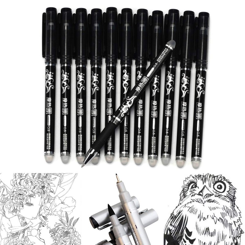WONOLO 12PCS 0.5mm Erasable Pen Black Gel Ink Roller Ball