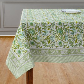CPC Tablecloth 100% Cotton 70x118 Inch Indian Block Print Rectangle Table Cover, Table Cloth for Weddings, Thanksgiving, Christmas-Agate Green