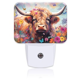 Uiaoiais Watercolor Highland Cow Night Light, Flowers and Butterflies Nightlight Plug into Wall with Dusk to Dawn Sensor for Kid Girls Boys Women Men Bedroom, Hallway, Kitchen, Bathroom, Stairs Decor