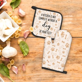 FIicy Dog Oven Mitts and Pot Holders Sets, Dog Lover Gifts for Women, Dog Paw Kitchen Accessories Sets, Complete Without a Dog at You Feet Heat Resistant Oven Glove Potholders for Kitchen Baking