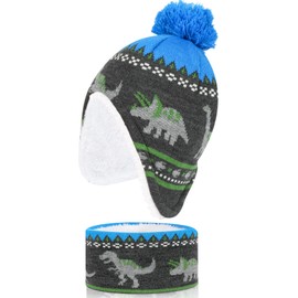 QKURT Boys Hat and Scarf Warm Knitted Scarf for Toddlers Winter Hat with Pom Pom Hat with Ear Flap Sets for Kids 2-5 Years, blue