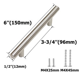 Aimyoo Cabinet Handles - Pack of 30 Stainless Steel Hollow Tube T Bar Drawer Pulls Cupboard Knob for Kitchen Furniture Hardware (Overall Length: 6", Hole Center: 3-3/4")