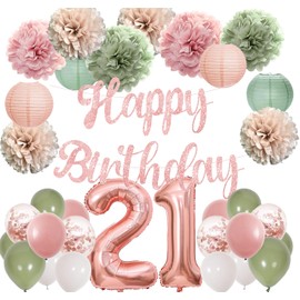 Happy Birthday Decorations for Girls Women with Jumbo Number Balloons Tissue Pompoms Paper Lantern (21st)