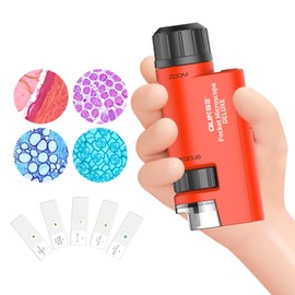 QUNSE Pocket Mini Small Microscope for Kids, 60x-120x Handheld Microscope LED Lighted Zoom with 5pcs Microscope Slides for Students Preschool Home Study Educational Toys