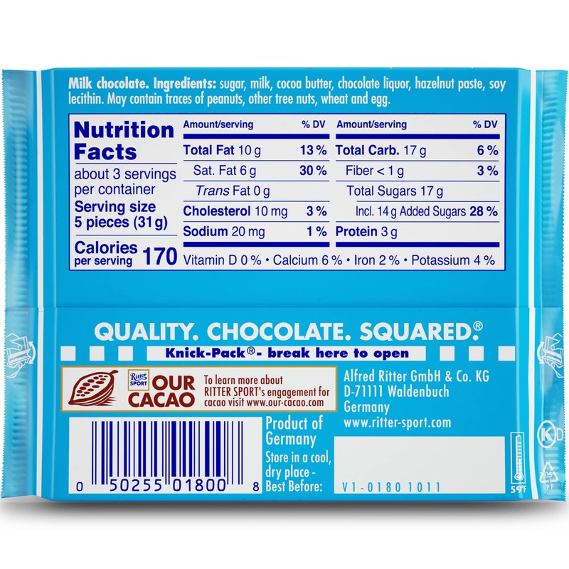 Ritter Sport Alpine Milk Chocolate, 3.5 Ounce Bar, 12 Pack