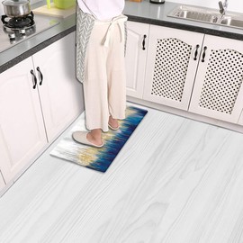 Colorful Star Small Kitchen Mat for Floor Leather Waterproof Kitchen Rug Anti Fatigue Office Standing Desk Mat Non Skid Laundry Mat Kitchen Accessories 17"x29" Abstract Blue Grey Painting & Gold Wave