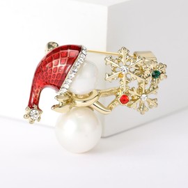 Snowman with Red Hat Christmas Brooch Pin for Women Girls Crystal Snowflake Faux Pearl Dainty 14K Gold Plated Lapel Pins Clip Sweater Scarves Hat Suit Accessories Brooches Xmas Festive Jewelry Gifts