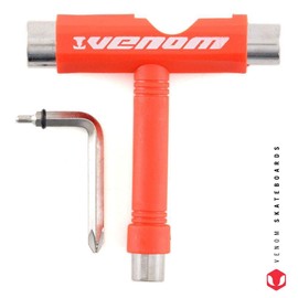 Venom Skateboards Skate Tool All-In-One Multi-functional Portable Pocket Socket T Tool skate boards Accessory inc Allen Key & Phillips Head Wrench Screwdriver multi tool for longboards penny board - RED