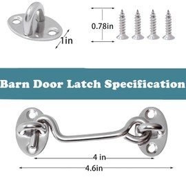 4" Barn Door Latch Door Lock Hardware, 2 Pack Sliver Sliding Door Lock Eye Hook Latch with Screws, Rust-Resistant Metal Gate Latch, Privacy Hooks Latch for Inside Door, Wooden Fence, Garage Door