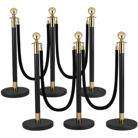 6 Pack Stanchion Post, 5 ft Red Velvet Rope Red Carpet Ropes and Poles, Stainless Steel Black & Gold Stanchions for Grand Opening Casino Theme Party Decorations Crowd Control Barriers
