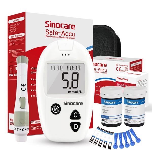 sinocare Diabetes Testing Kit / Blood Glucose Monitor Safe Accu Blood Glucose Sugar Test Kit [Upgraded version] with Strips x 50 & Case for UK Diabetics -in mmol/L