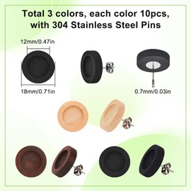 SUNNYCLUE 30 Pieces 3 Colours Small Wooden Stud Earrings Cabochon Stud Earrings Blanks 12 mm Wood Cabochon Blank Round Disc Stud Earrings Fittings with Stainless Steel Pins for Jewellery Making DIY H