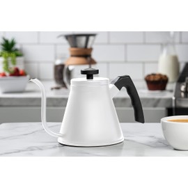 Kook Gooseneck Kettle, Kettle Stovetop, with Thermometer, Tea Pot, for Pour Over Coffee & Tea, Temperature Gauge, Electric, Compatible for Gas Stovetop, 3 Ply Stainless Steel Base, 27 oz, (White)