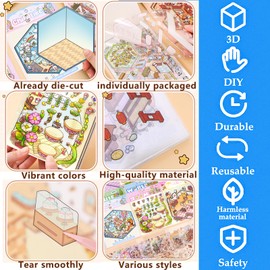 DIY 3D Sticker Scene，8 Sets Pack（500+）, Reusable Sticker Book, Cute Sets for Free Combination, Cute Waterproof for Anywhere, Crafts Party Favors Birthday Gift
