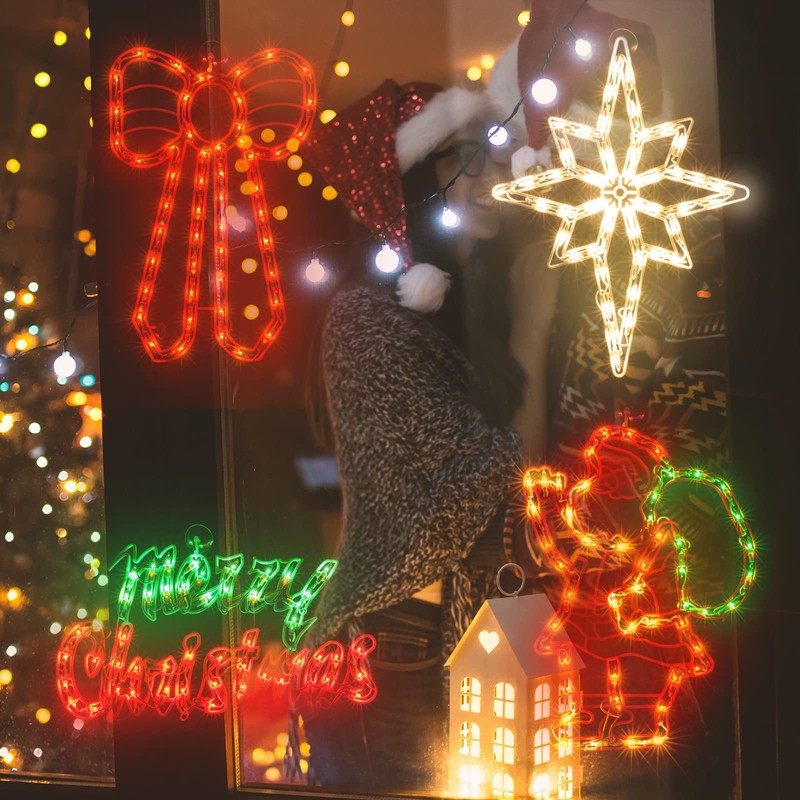 TWINGLEHOME 4 Pack 50L Christmas Window Silhouette Lights Decorations,Including: Santa