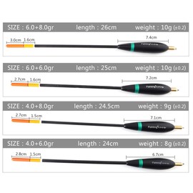 FOLANDO 4 Pack Balsa Wood Fishing Floats with Copper Swivel & Weights - High Buoyancy, Thick Tip - Multiple Sizes (6.0+8.0gr, 6.0+6.0gr, 4.0+8.0gr, 4.0+6.0gr)