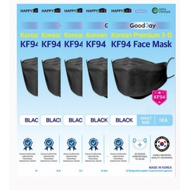 (Pack of 5) Good Day Black Disposable KF-94 Face Mask, 4-Layer Filters, Black KF-94 Mask Made in Korea, Dust Mask (individual Packed) KF-94 Mask.