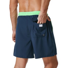 SILKWORLD Mens Swim Trunks with Compression Liner 2 in 1 Quick Dry Swimwear Beach Shorts with Zipper Pockets,Dark Navy,X-Large