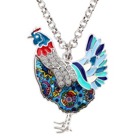 BONSNY - Colgante de gallina con Esmalte y Piedra de Seda, para Regalo de Mujer 41mm x 31mm Azul